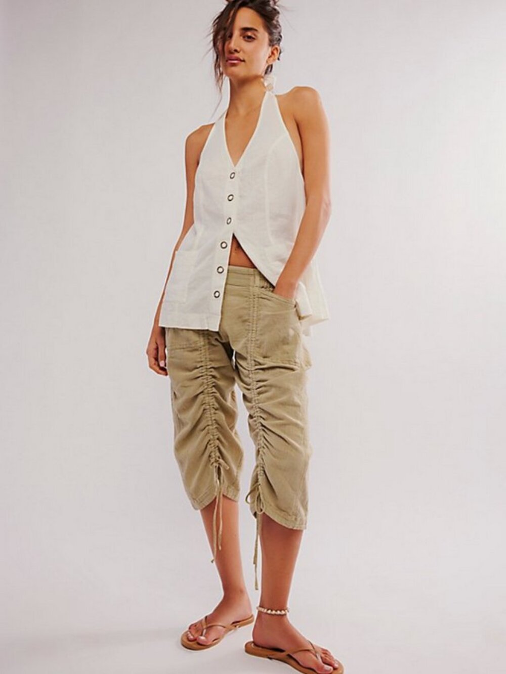 Free People Gianna Ruched Gaucho Pull-On Pants Linden M
